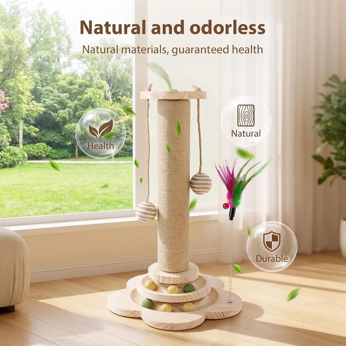 4-in-1 Cat Scratching Post with Track Balls & Feather – 46cm