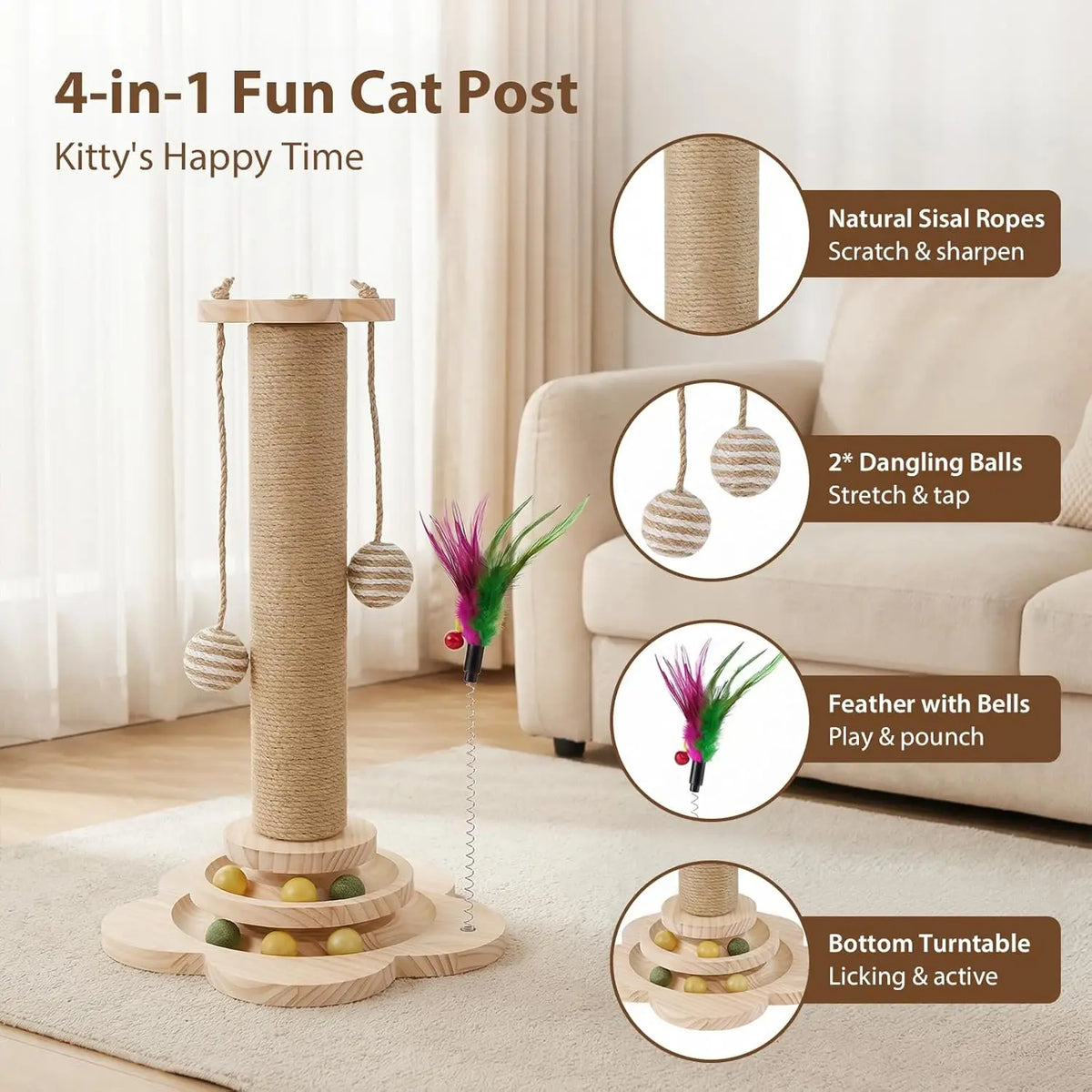 4-in-1 Cat Scratching Post with Track Balls & Feather – 46cm