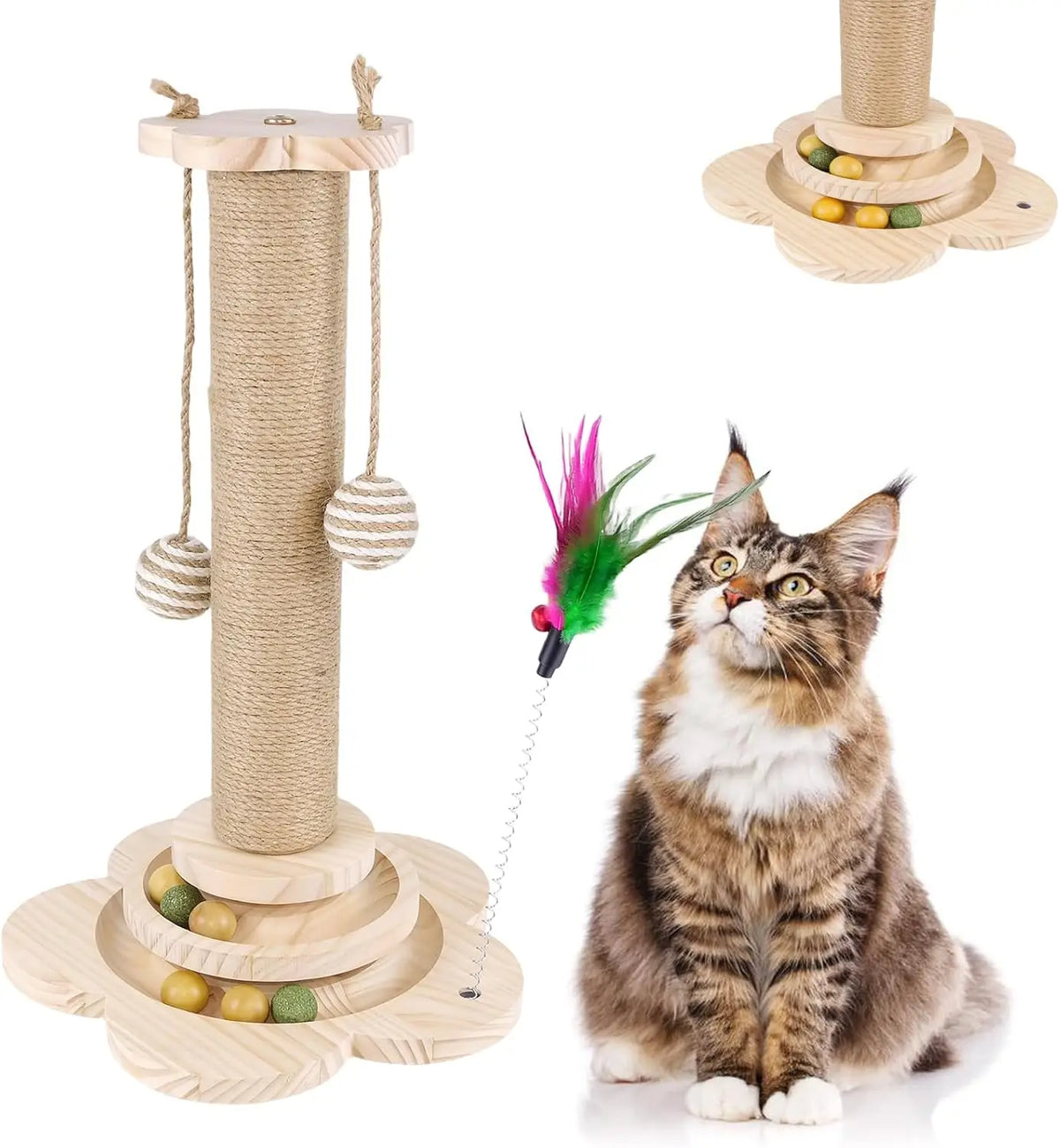 4-in-1 Cat Scratching Post with Track Balls & Feather – 46cm