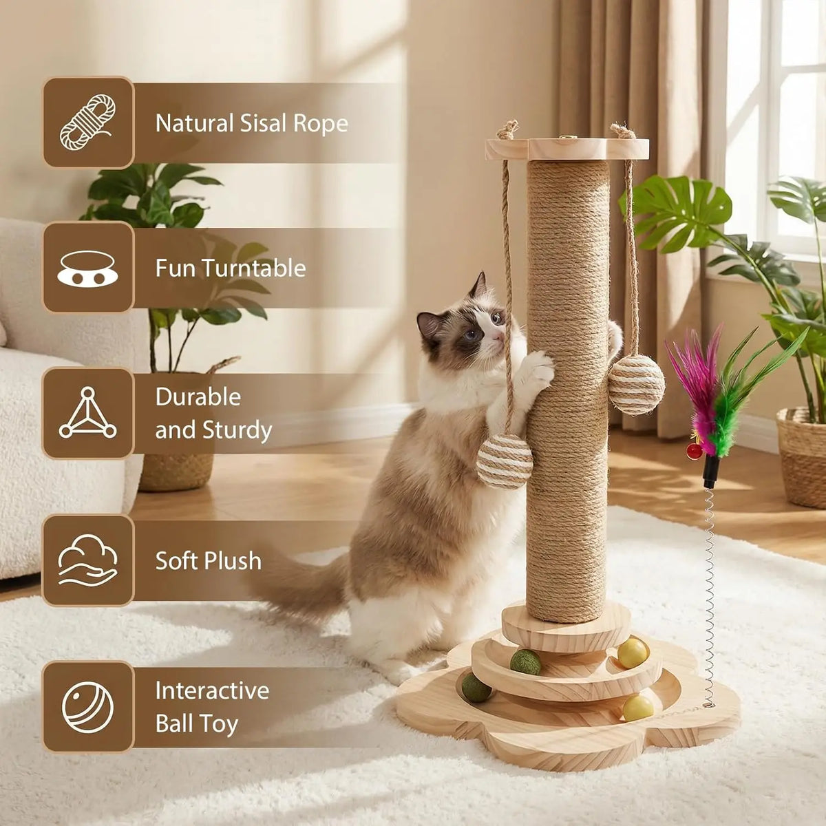 4-in-1 Cat Scratching Post with Track Balls & Feather – 46cm