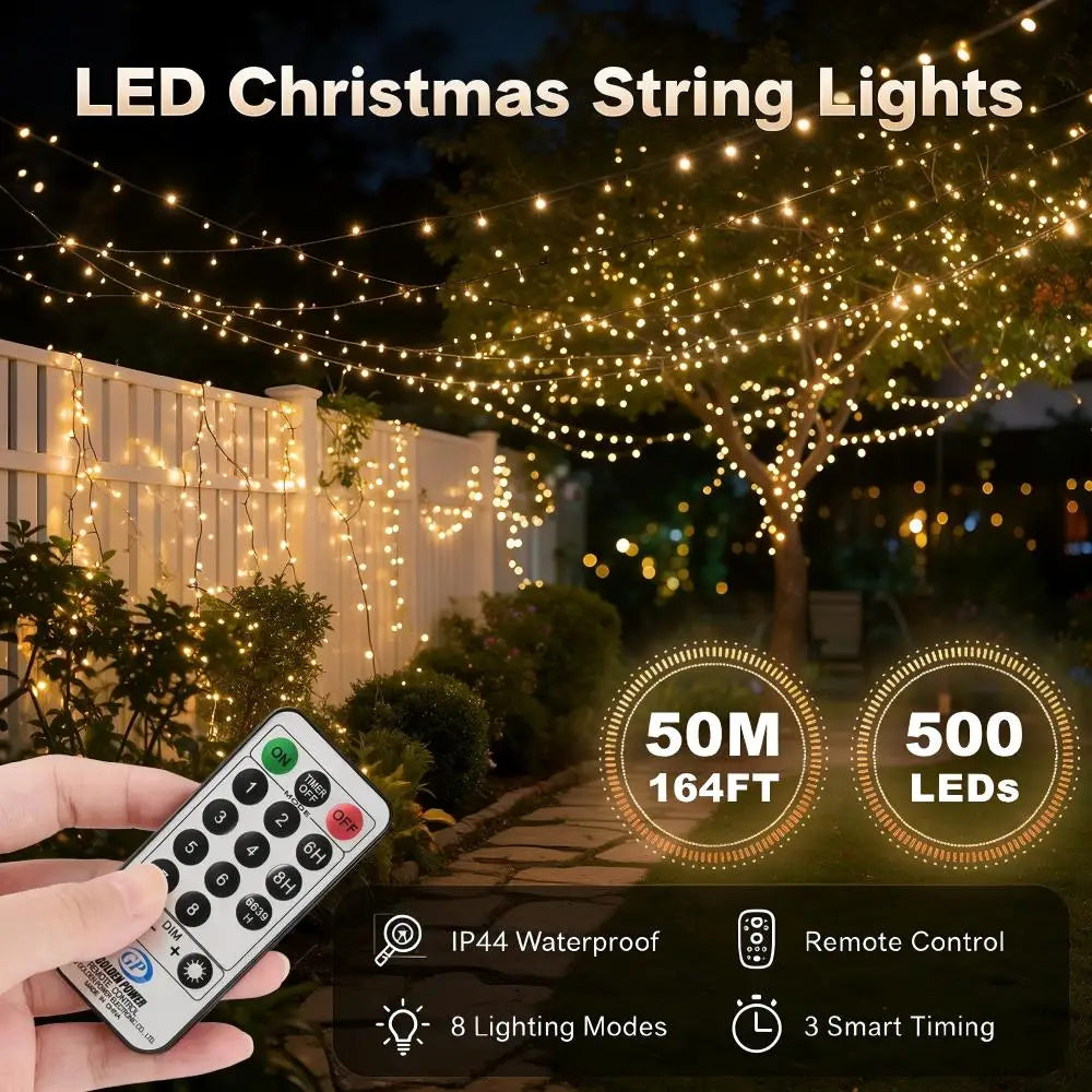 50m Outdoor Christmas String Lights – 500 LED, Remote