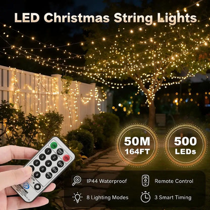 50m Outdoor Christmas String Lights – 500 LED, Remote