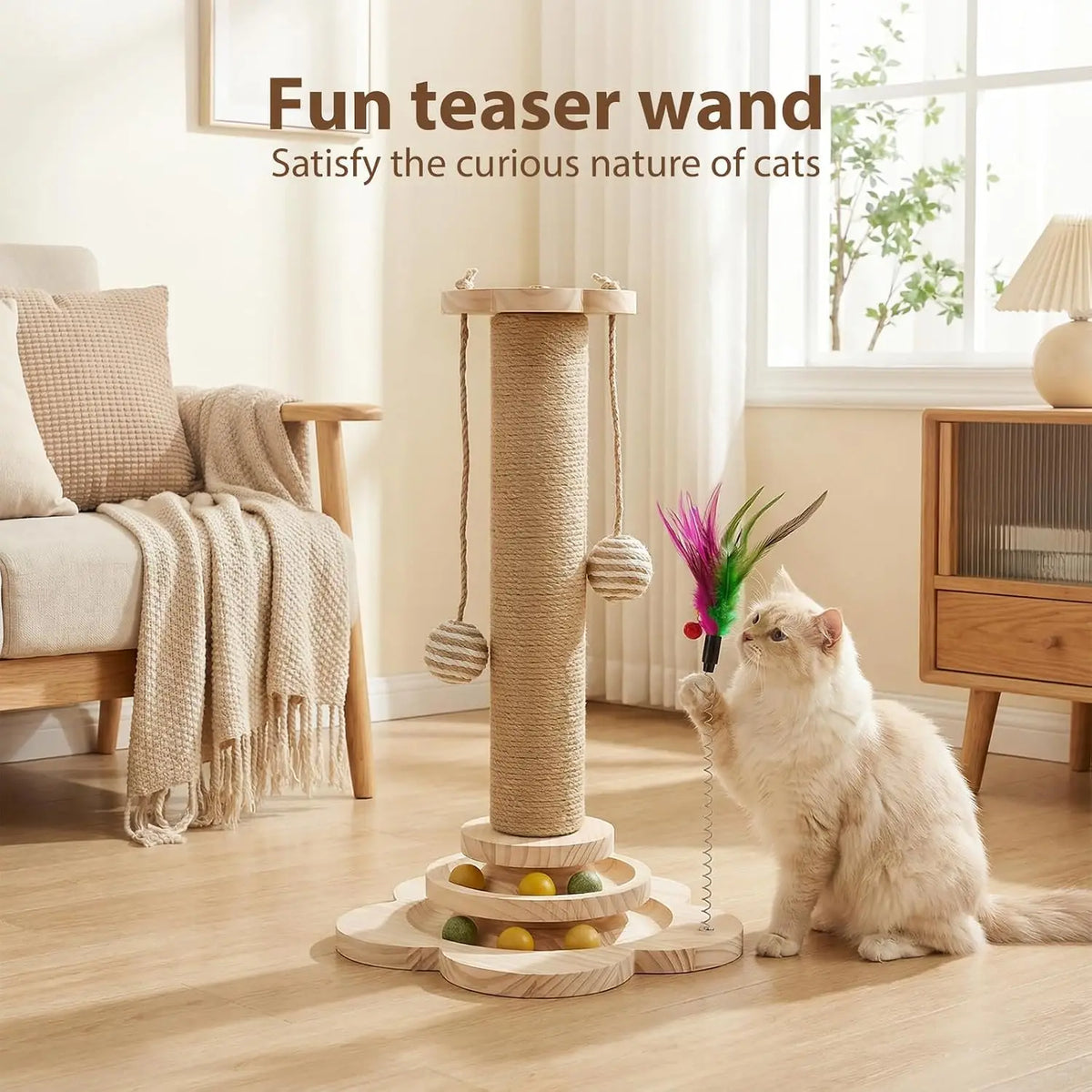 4-in-1 Cat Scratching Post with Track Balls & Feather – 46cm