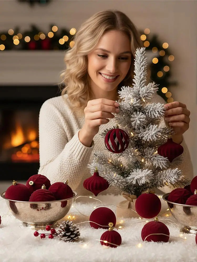 36-Piece Velvet Christmas Ornament Set – Burgundy