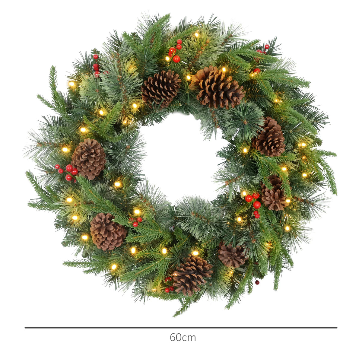 Pre-Lit Christmas Door Wreath with Pine Cones & Red Berries