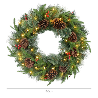 Pre-Lit Christmas Door Wreath with Pine Cones & Red Berries
