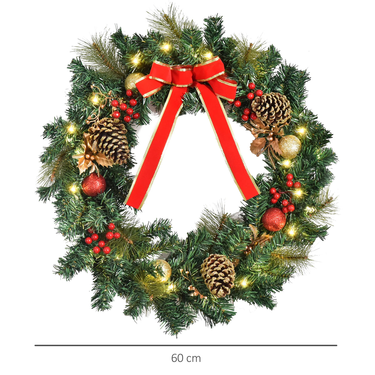 Pre-Lit Christmas Door Wreath – 60cm, 20 LED