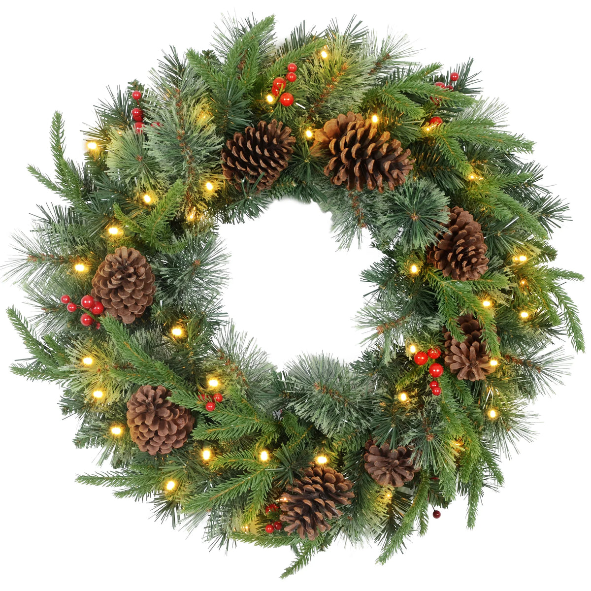 Pre-Lit Christmas Door Wreath with Pine Cones & Red Berries