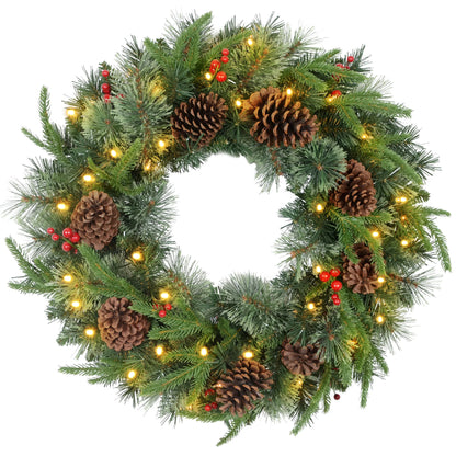 Pre-Lit Christmas Door Wreath with Pine Cones & Red Berries