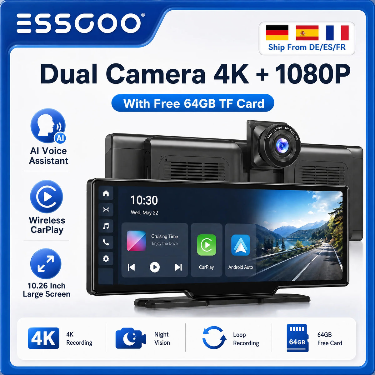 ESSGOO 10.26in Wireless CarPlay & Android Auto Screen with Dash Cam