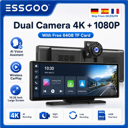 ESSGOO 10.26in Wireless CarPlay & Android Auto Screen with Dash Cam