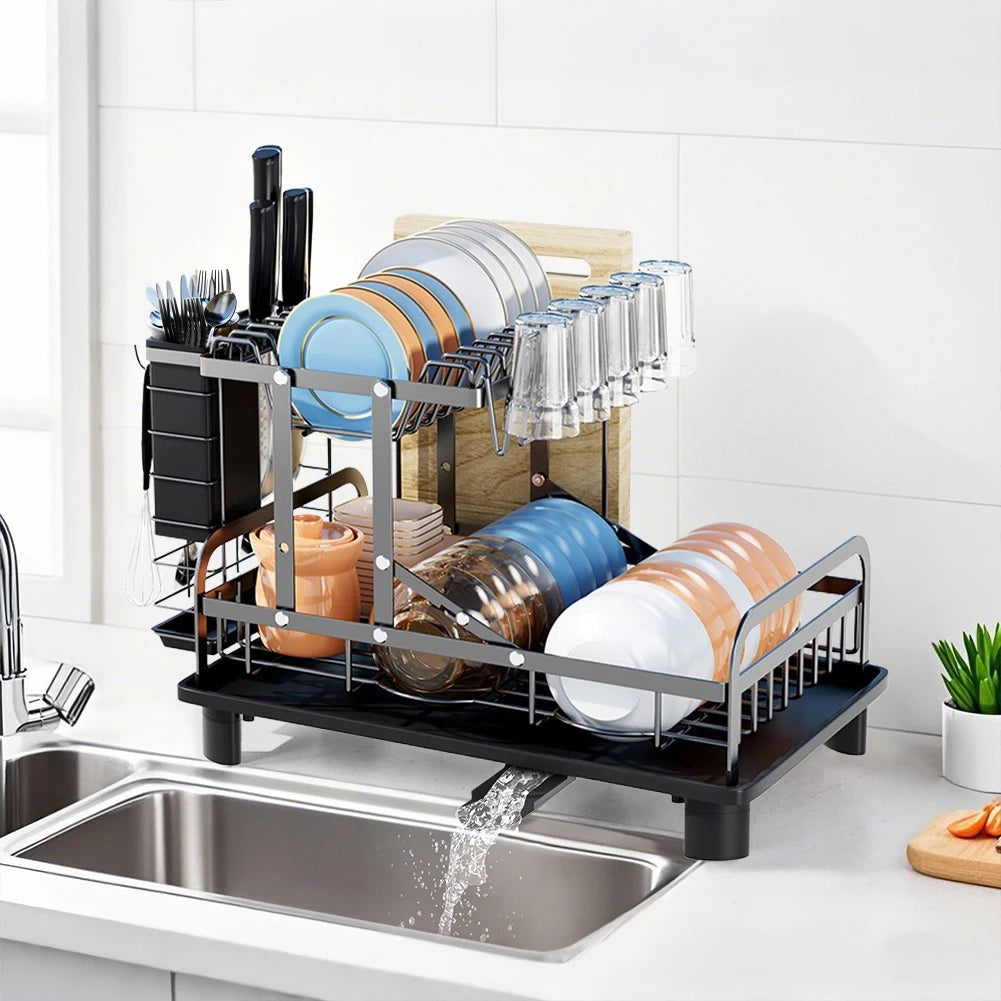 2-Tier Dish Drainer Rack with Utensil Holder