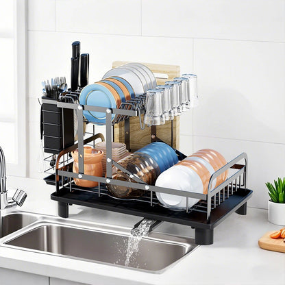2-Tier Dish Drainer Rack with Utensil Holder