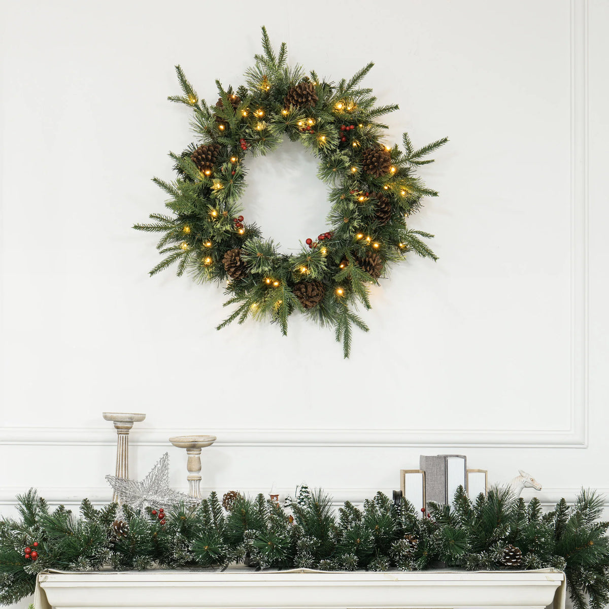 Pre-Lit Christmas Door Wreath with Pine Cones & Red Berries
