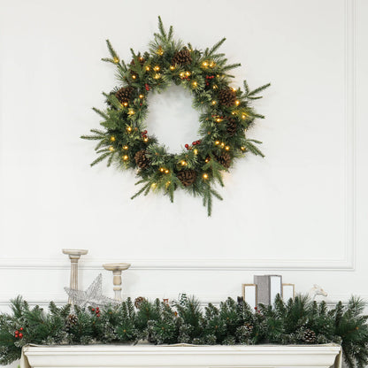 Pre-Lit Christmas Door Wreath with Pine Cones & Red Berries